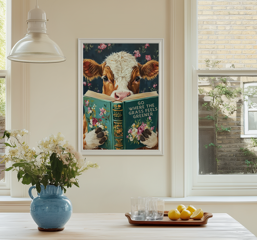 Whimsical Cow Reading Book – Funny Farm Kitchen Wall Art Print - Image 9 by RebelMod
