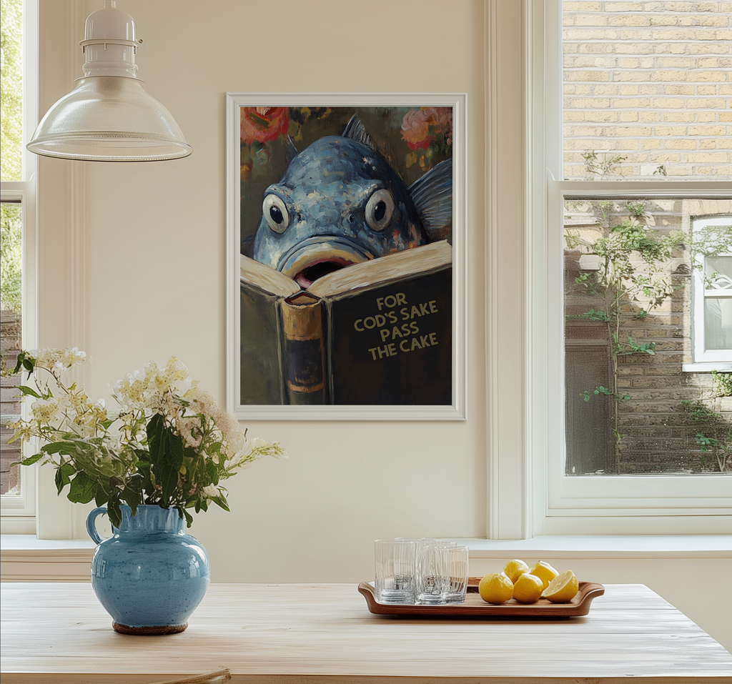 Funny Cod Reading Book Titled "For Cod's Sake Pass the Cake" Funny Kitchen Wall Art - Image 8 by RebelMod