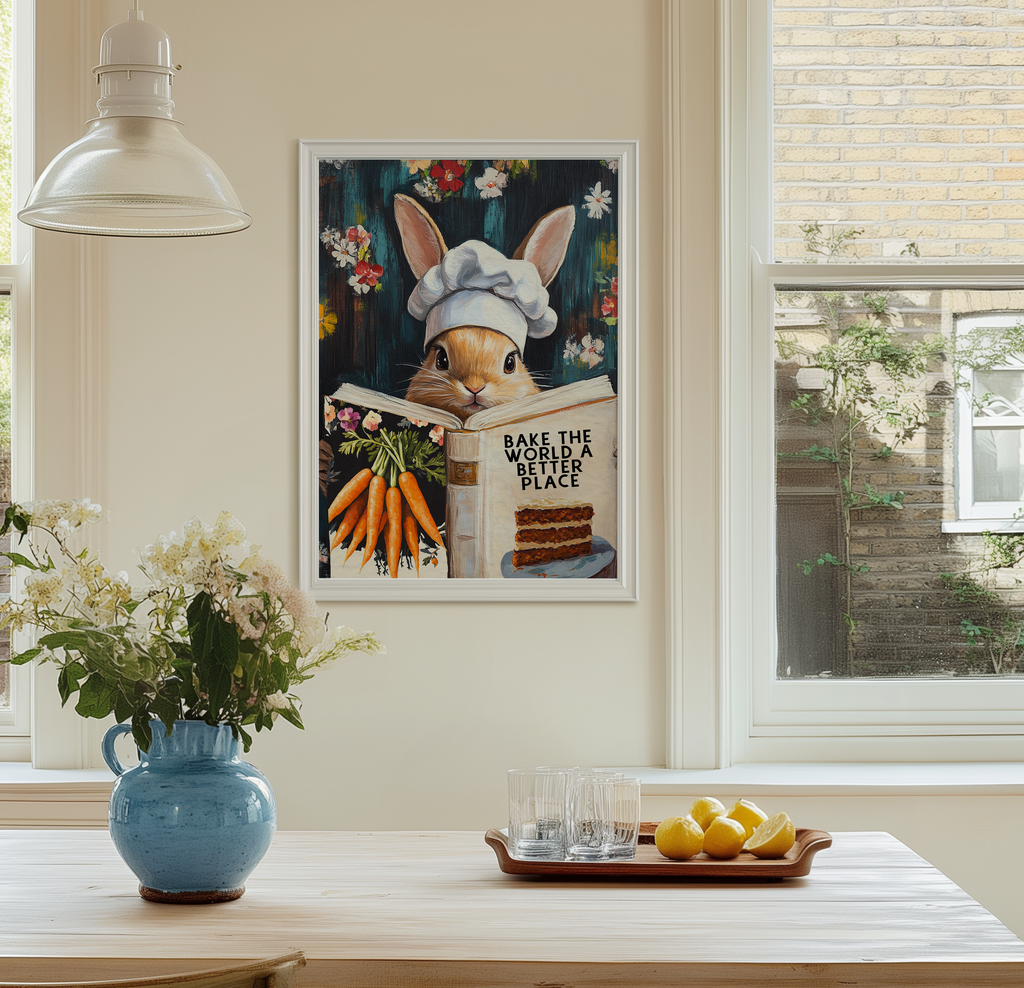 Whimsical Rabbit Reading “Bake the World a Better Place” – Funny Kitchen Wall Art Print - Image 9 by RebelMod