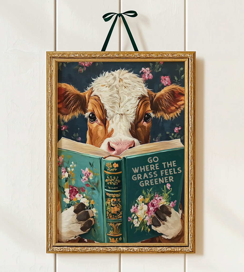 Whimsical Cow Reading Book – Funny Farm Kitchen Wall Art Print - Image 2 by RebelMod