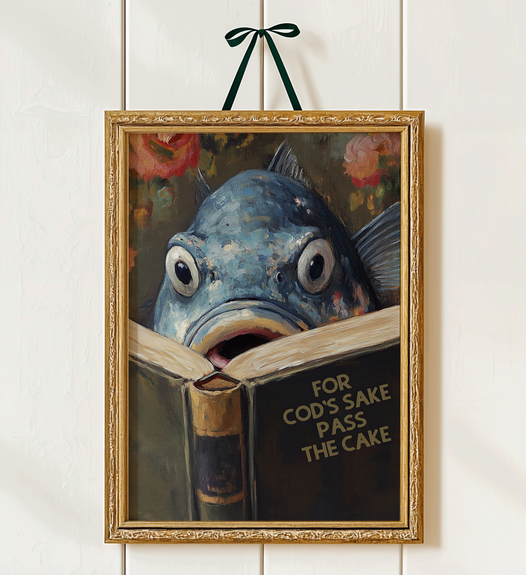Funny Cod Reading Book Titled "For Cod's Sake Pass the Cake" Funny Kitchen Wall Art - Image 9 by RebelMod