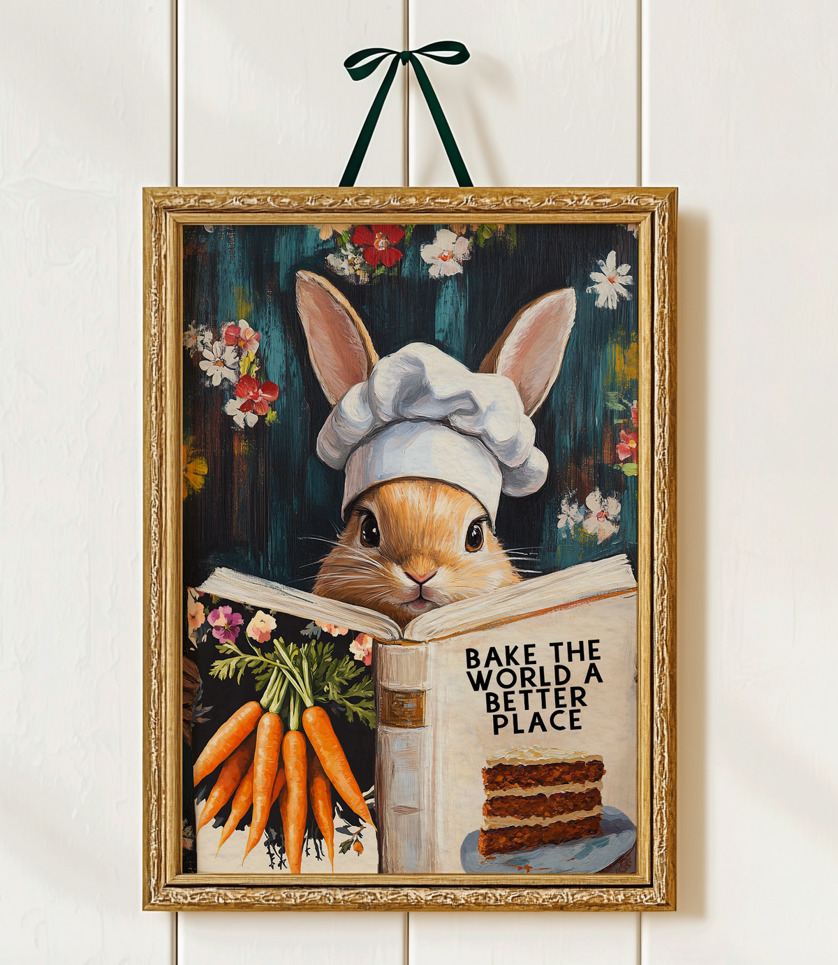 Whimsical Rabbit Reading “Bake the World a Better Place” – Funny Kitchen Wall Art Print - Image 2 by RebelMod