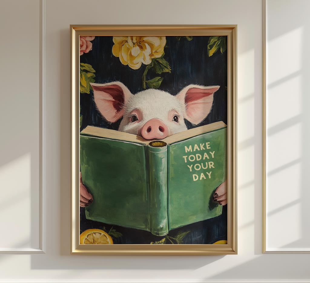Funny Pig Reading Book – Whimsical Kitchen Wall Art Print by RebelMod