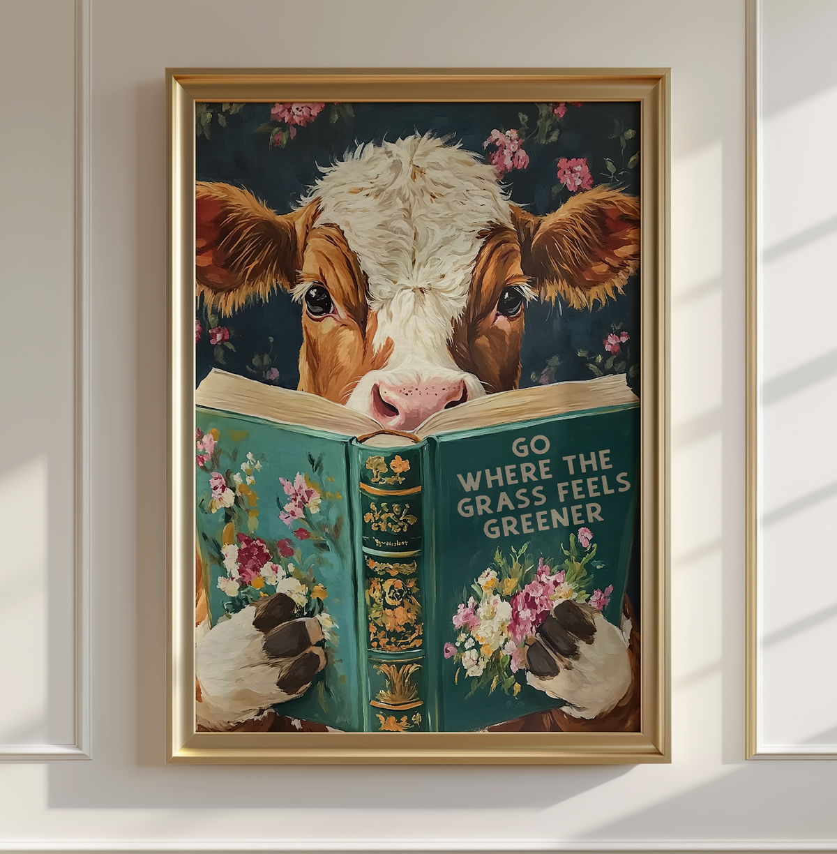 Whimsical Cow Reading Book – Funny Farm Kitchen Wall Art Print by RebelMod