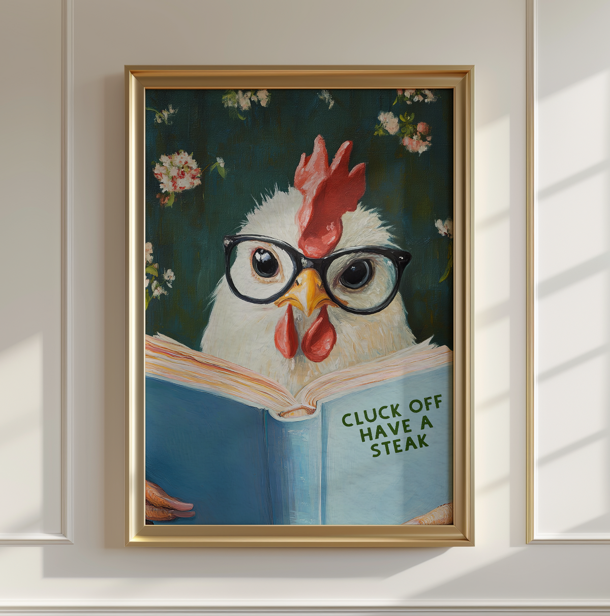 Funny Chicken Reading Book – Whimsical Kitchen Wall Art Print by RebelMod