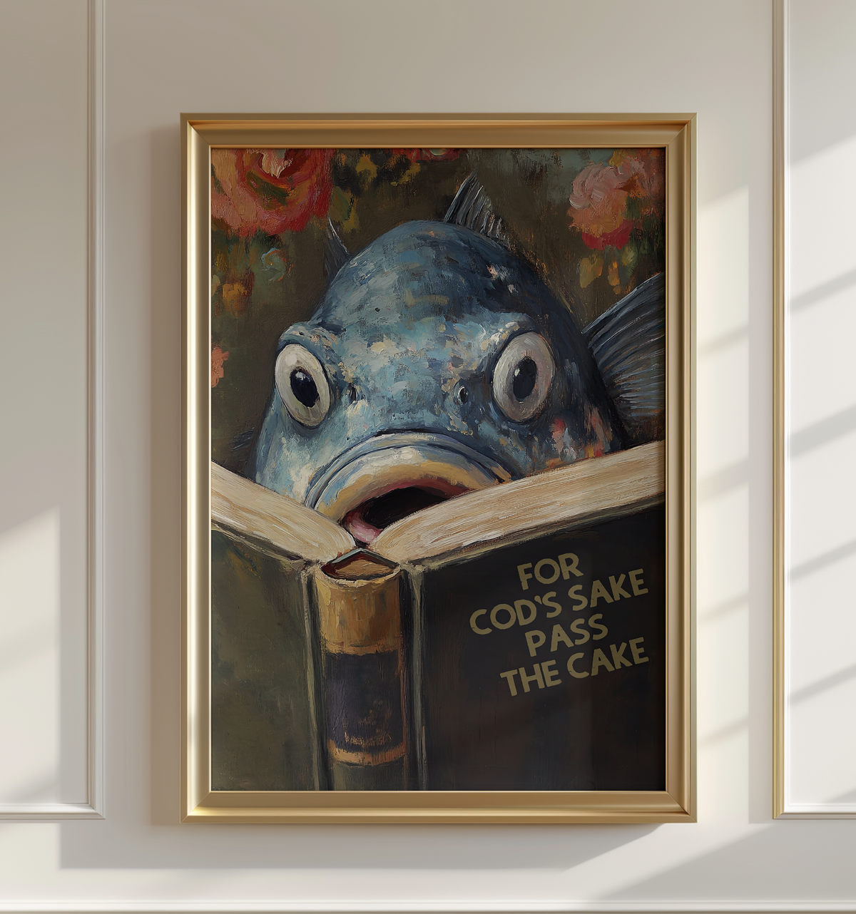 Funny Cod Reading Book Titled "For Cod's Sake Pass the Cake" Funny Kitchen Wall Art by RebelMod