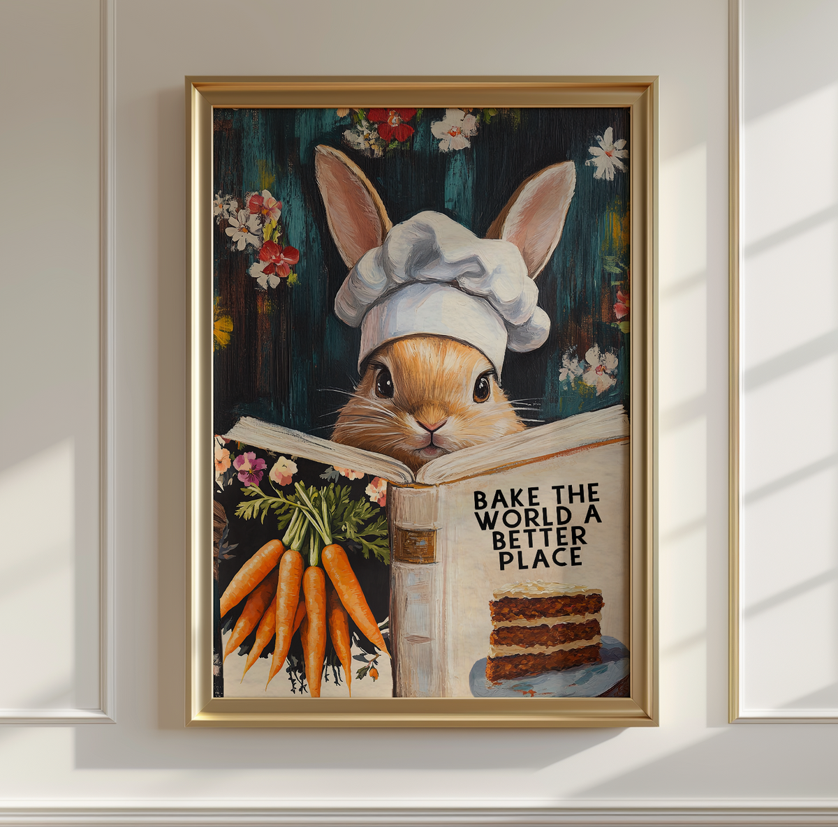 Whimsical Rabbit Reading “Bake the World a Better Place” – Funny Kitchen Wall Art Print by RebelMod