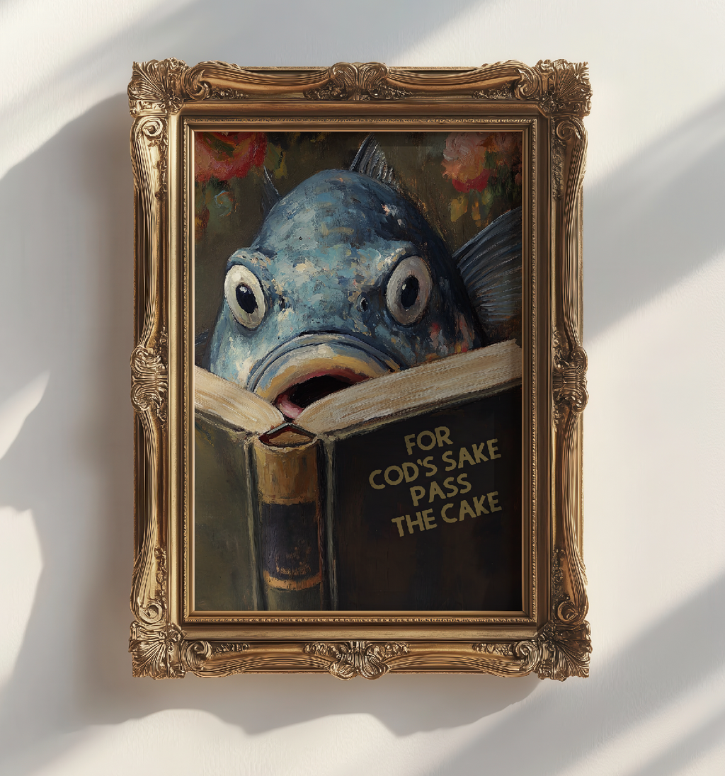 Funny Cod Reading Book Titled "For Cod's Sake Pass the Cake" Funny Kitchen Wall Art - Image 3 by RebelMod