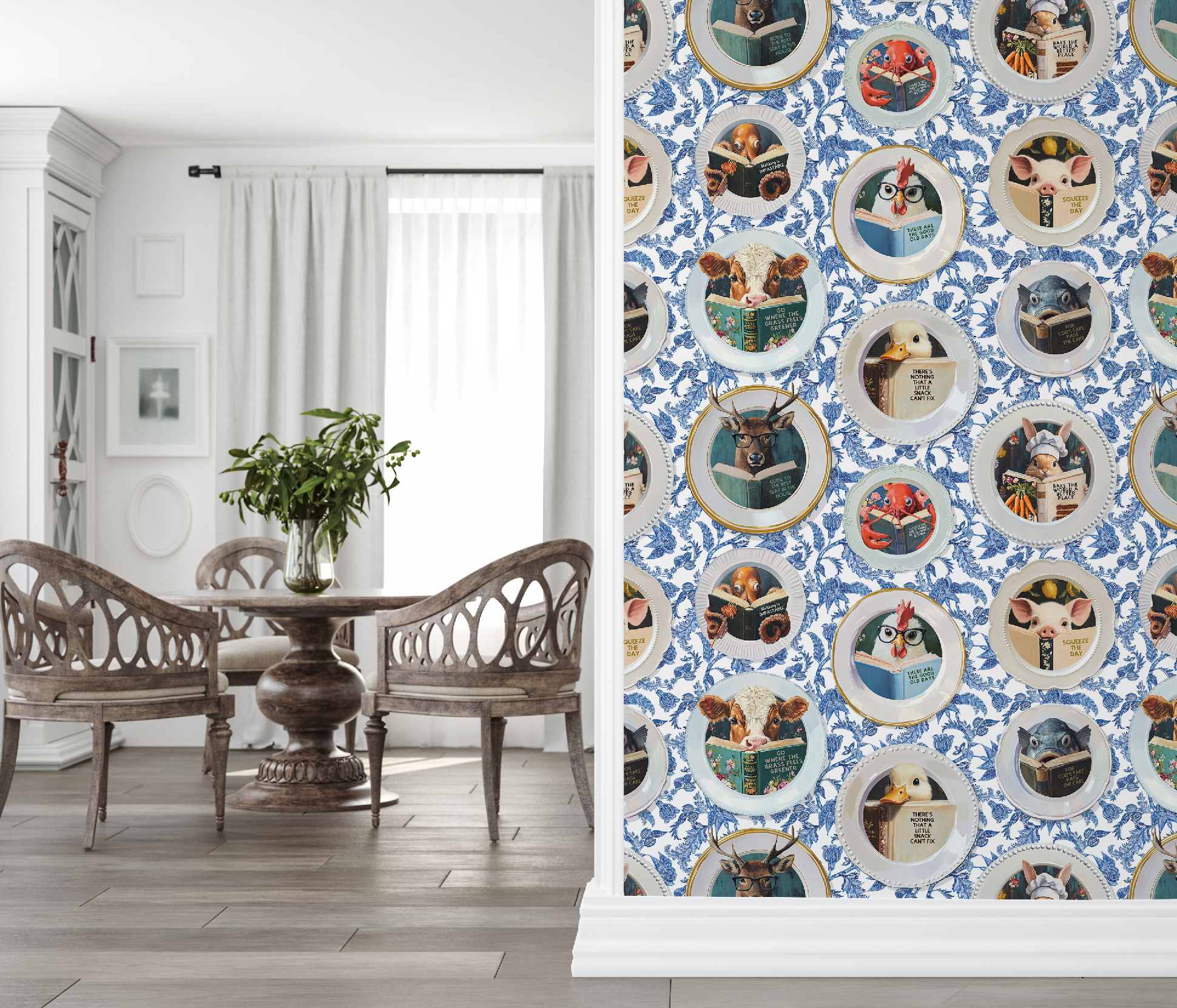 Animals Reading Kitchen Wallpaper - Blue Chintz - Image 6 by RebelMod