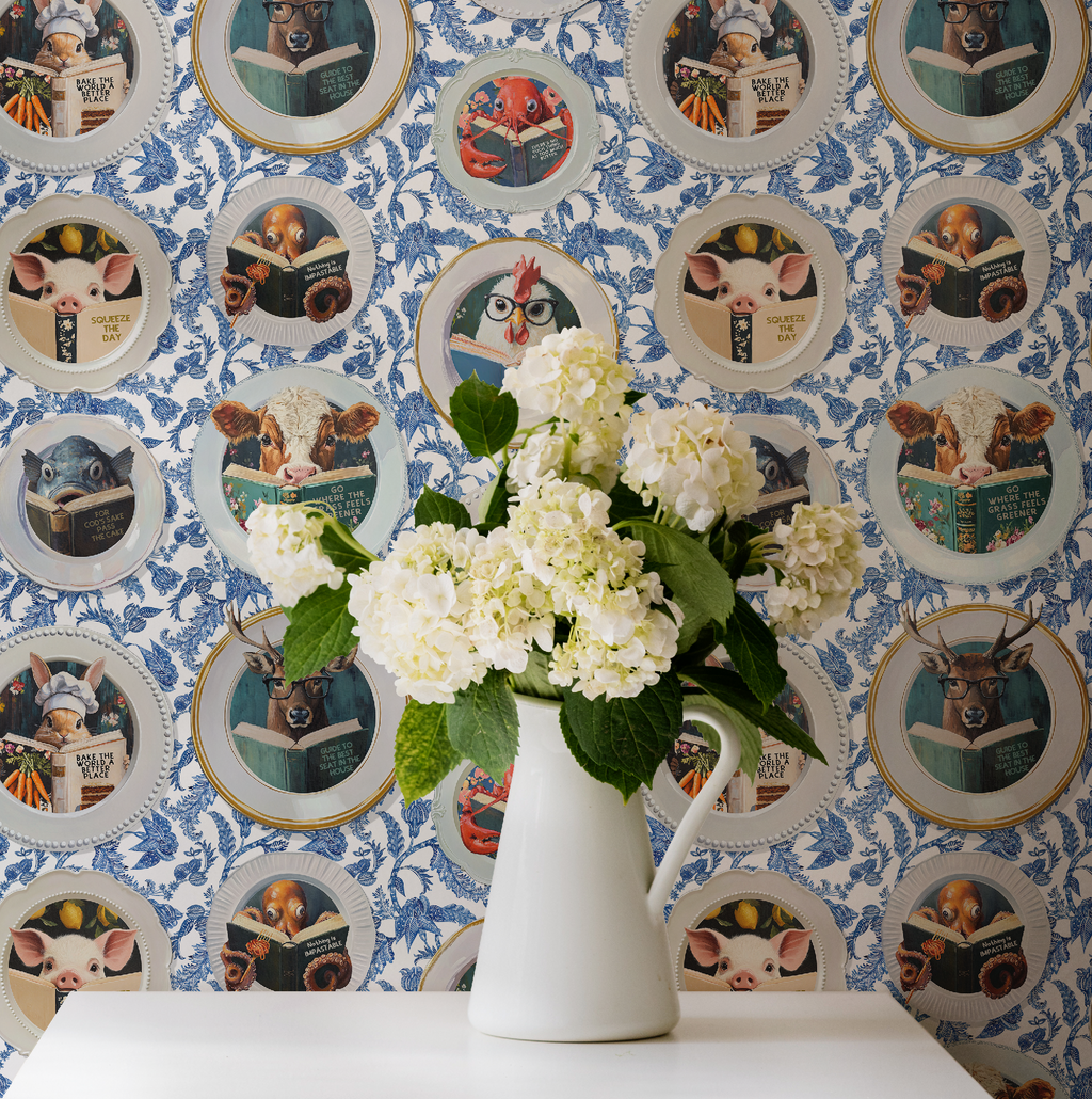 Animals Reading Kitchen Wallpaper - Blue Chintz - Image 2 by RebelMod