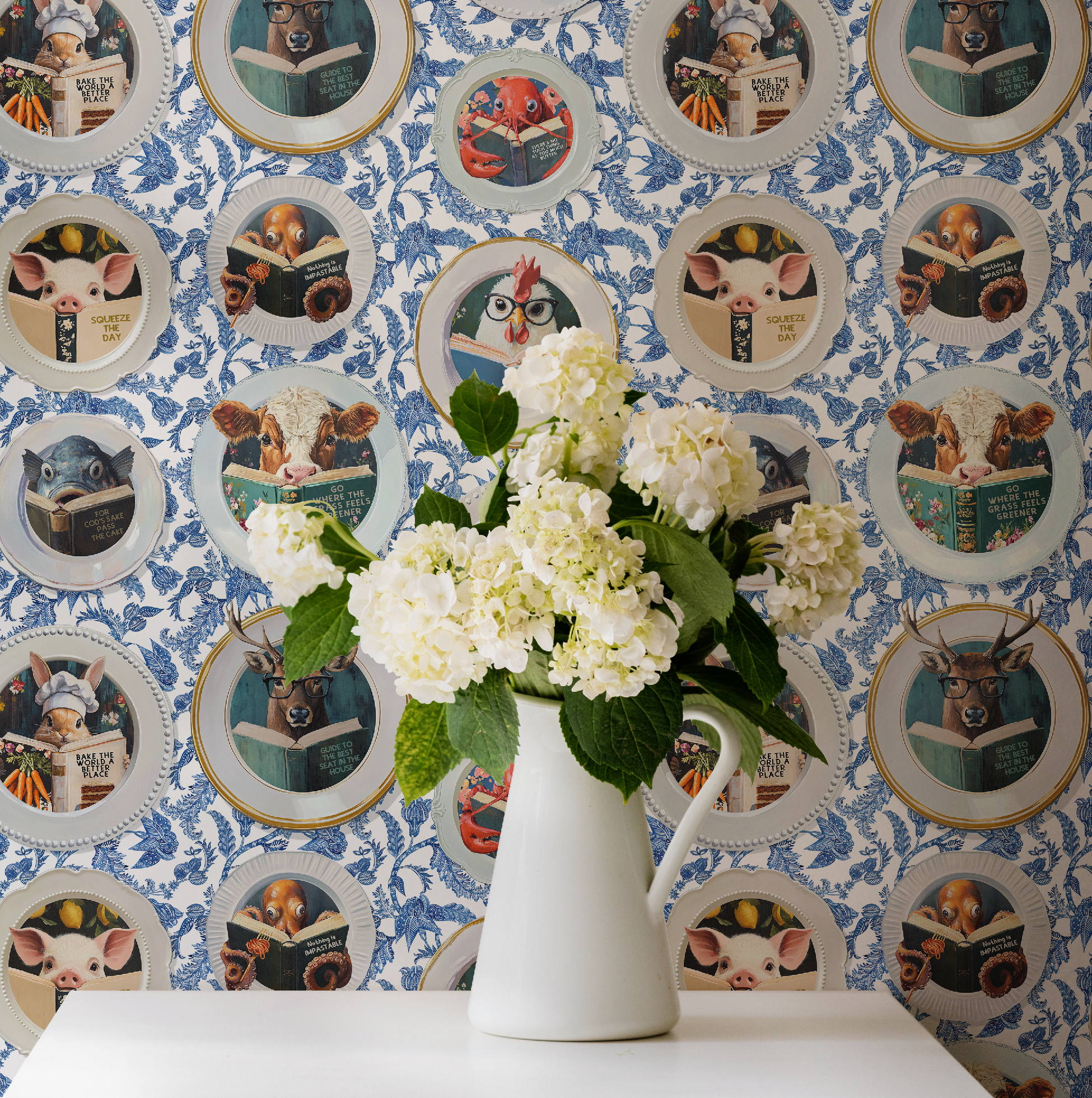 Animals Reading Kitchen Wallpaper - Blue Chintz