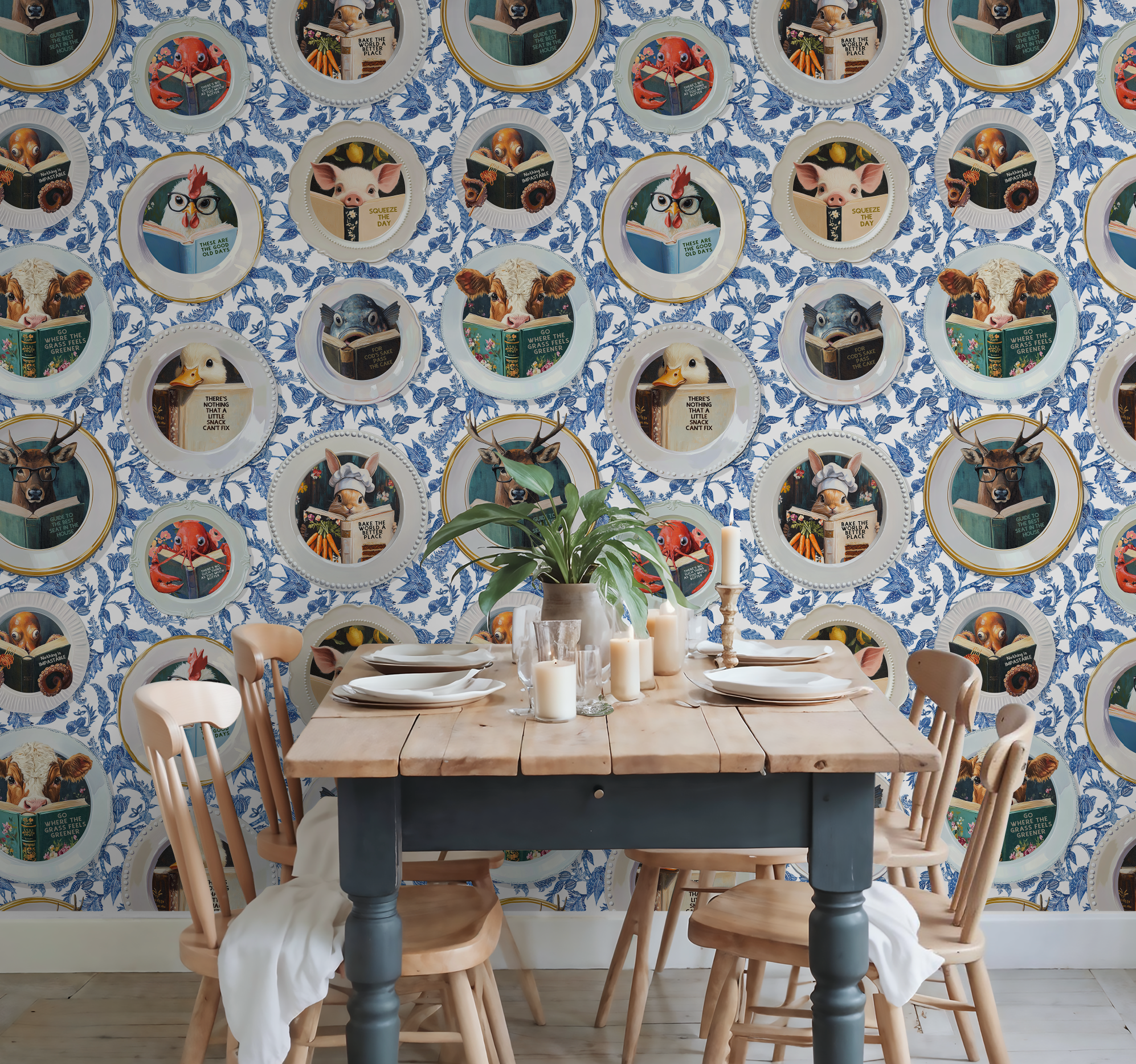 Animals Reading Kitchen Wallpaper - Blue Chintz - Image 8 by RebelMod