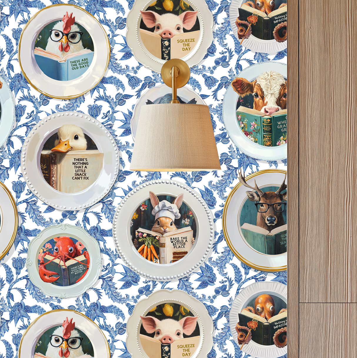 Animals Reading Kitchen Wallpaper - Blue Chintz