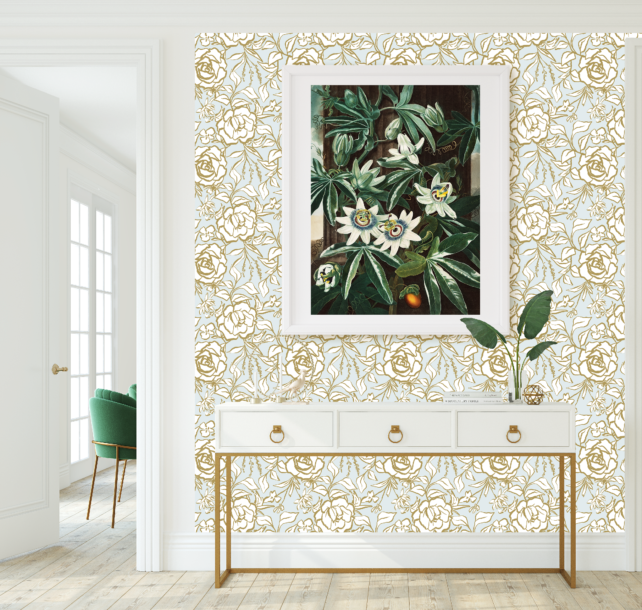 Floral Ink Wallpaper in Light Blue and Gold - Image 5 by RebelMod