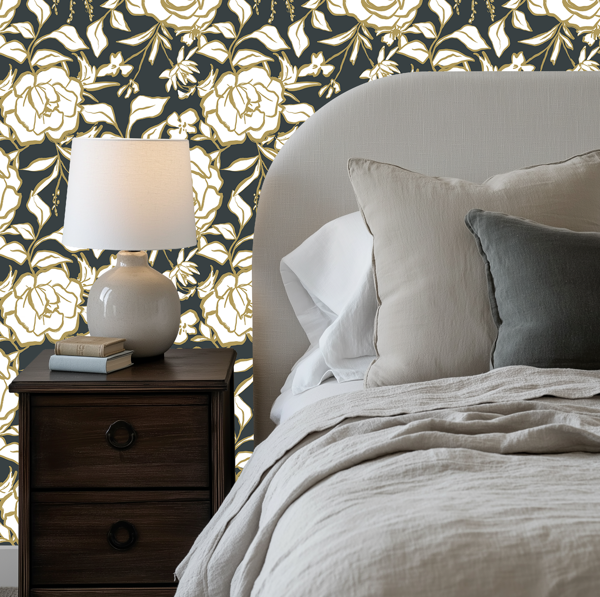 Floral Ink Wallpaper in Dark Gray and Muted Gold - Image 6 by RebelMod