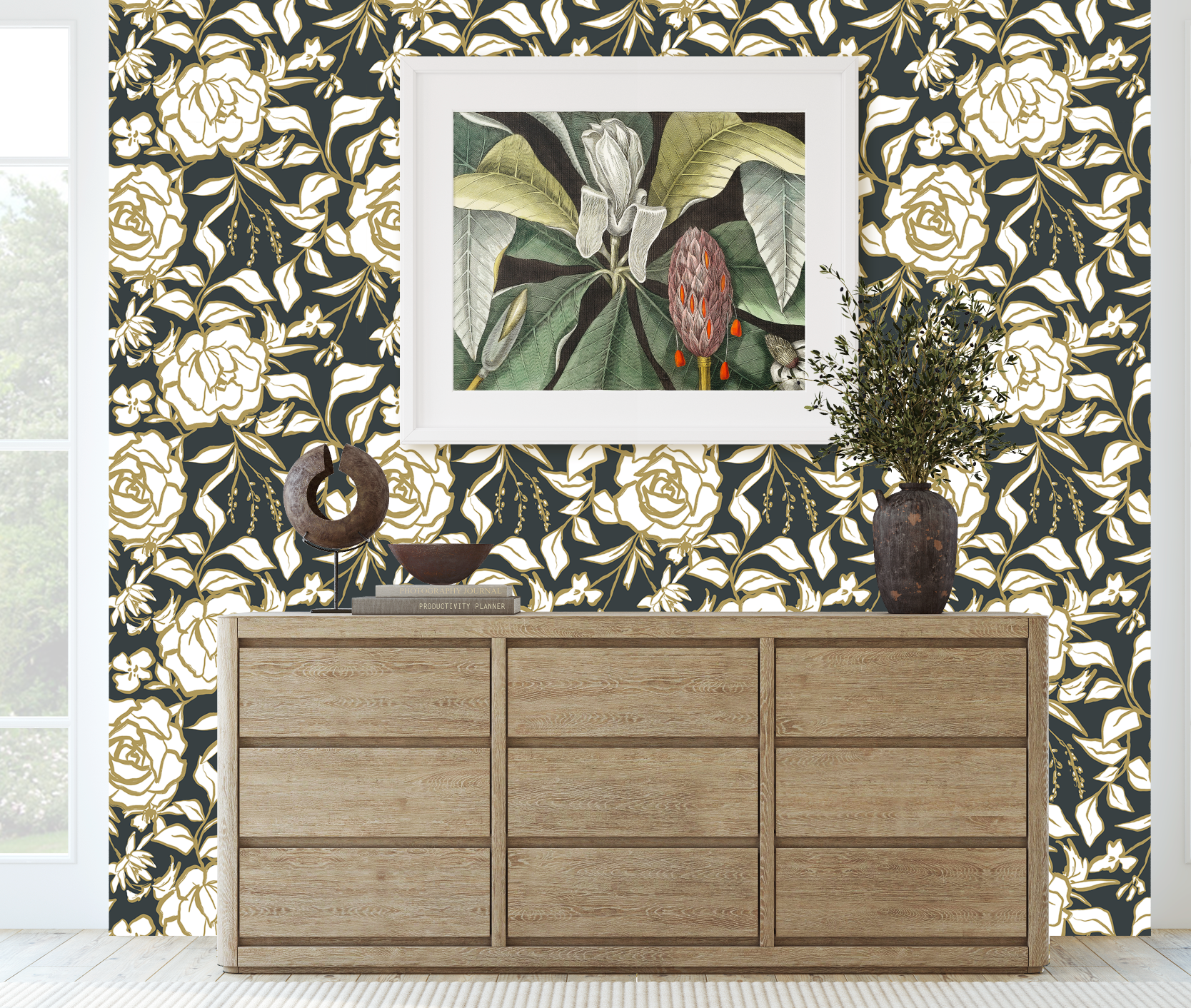 Floral Ink Wallpaper in Dark Gray and Muted Gold - Image 7 by RebelMod