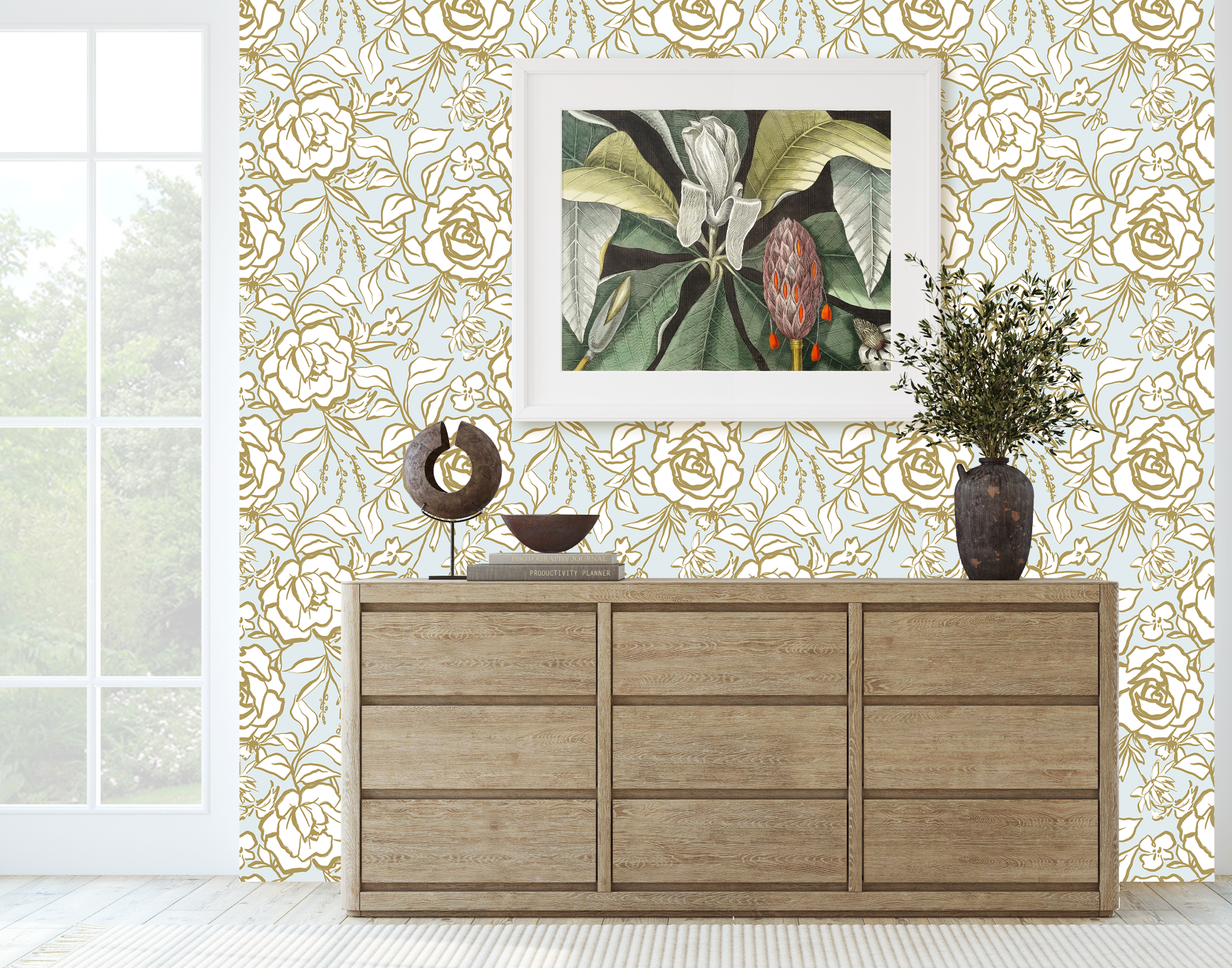 Floral Ink Wallpaper in Light Blue and Gold - Image 4 by RebelMod