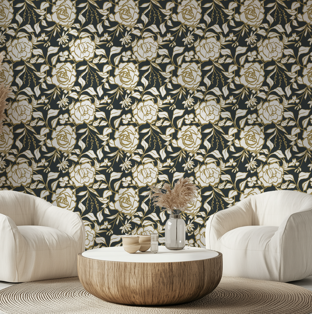 Floral Ink Wallpaper in Dark Gray and Muted Gold - Image 9 by RebelMod