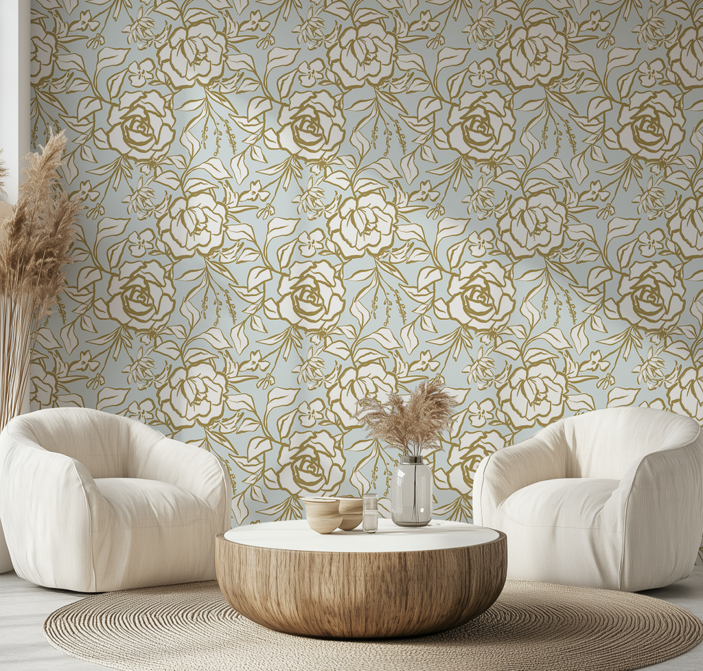 Floral Ink Wallpaper in Light Blue and Gold - Image 9 by RebelMod