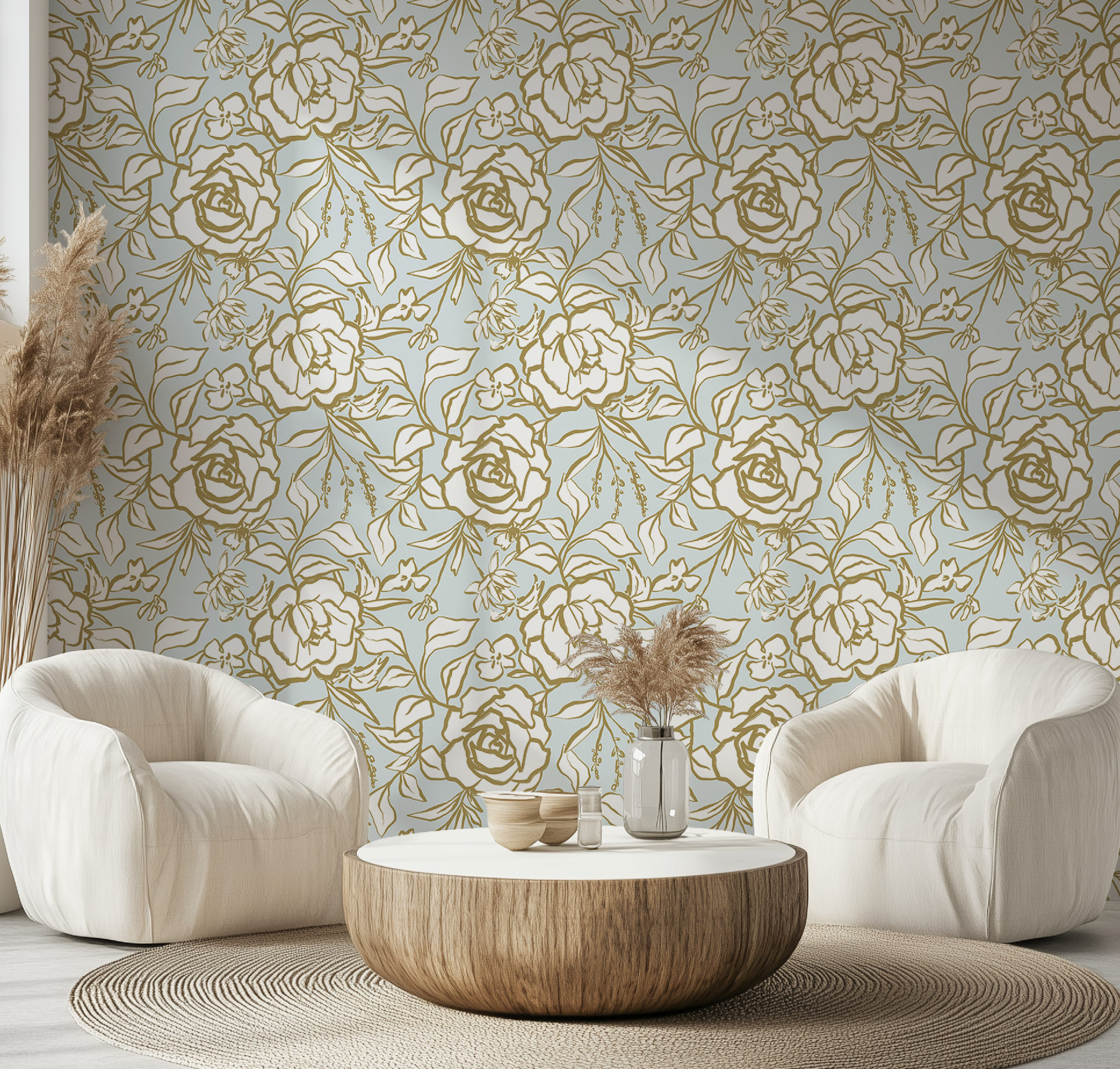 Floral Ink Wallpaper in Light Blue and Gold - Image 9 by RebelMod