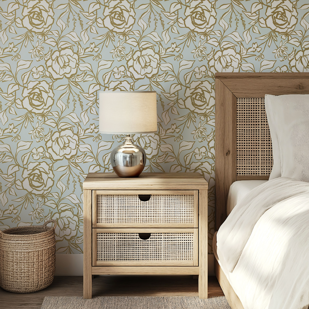 Floral Ink Wallpaper in Light Blue and Gold - Image 10 by RebelMod
