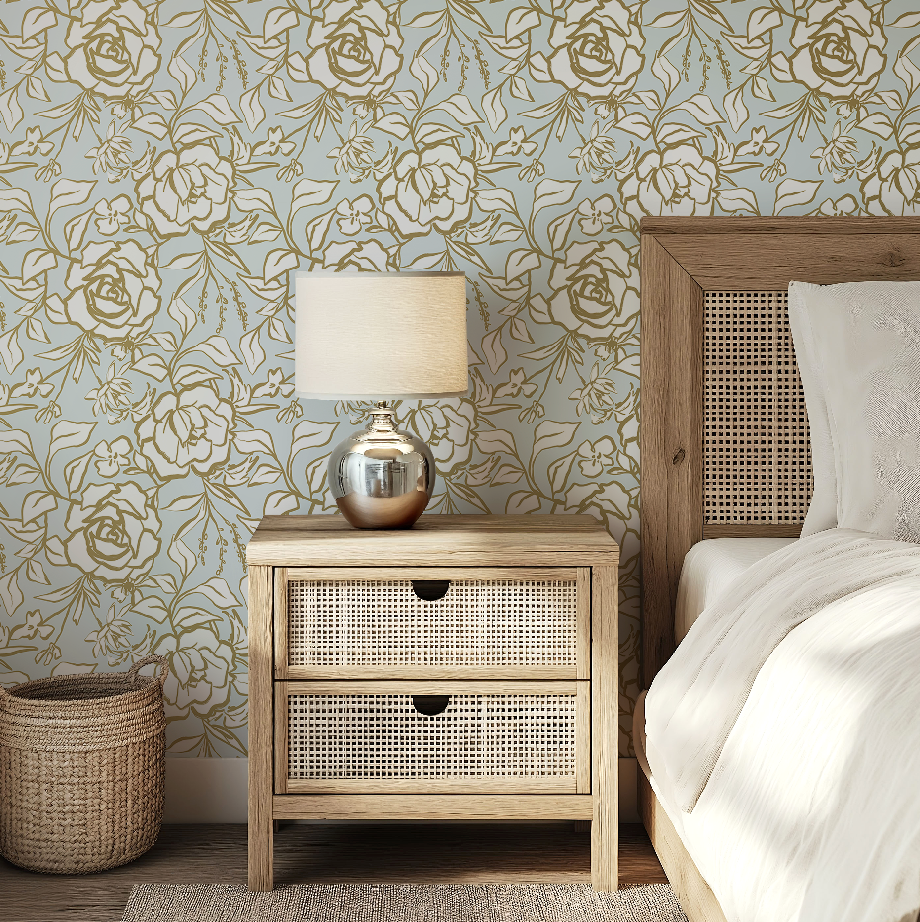 Floral Ink Wallpaper in Light Blue and Gold - Image 10 by RebelMod