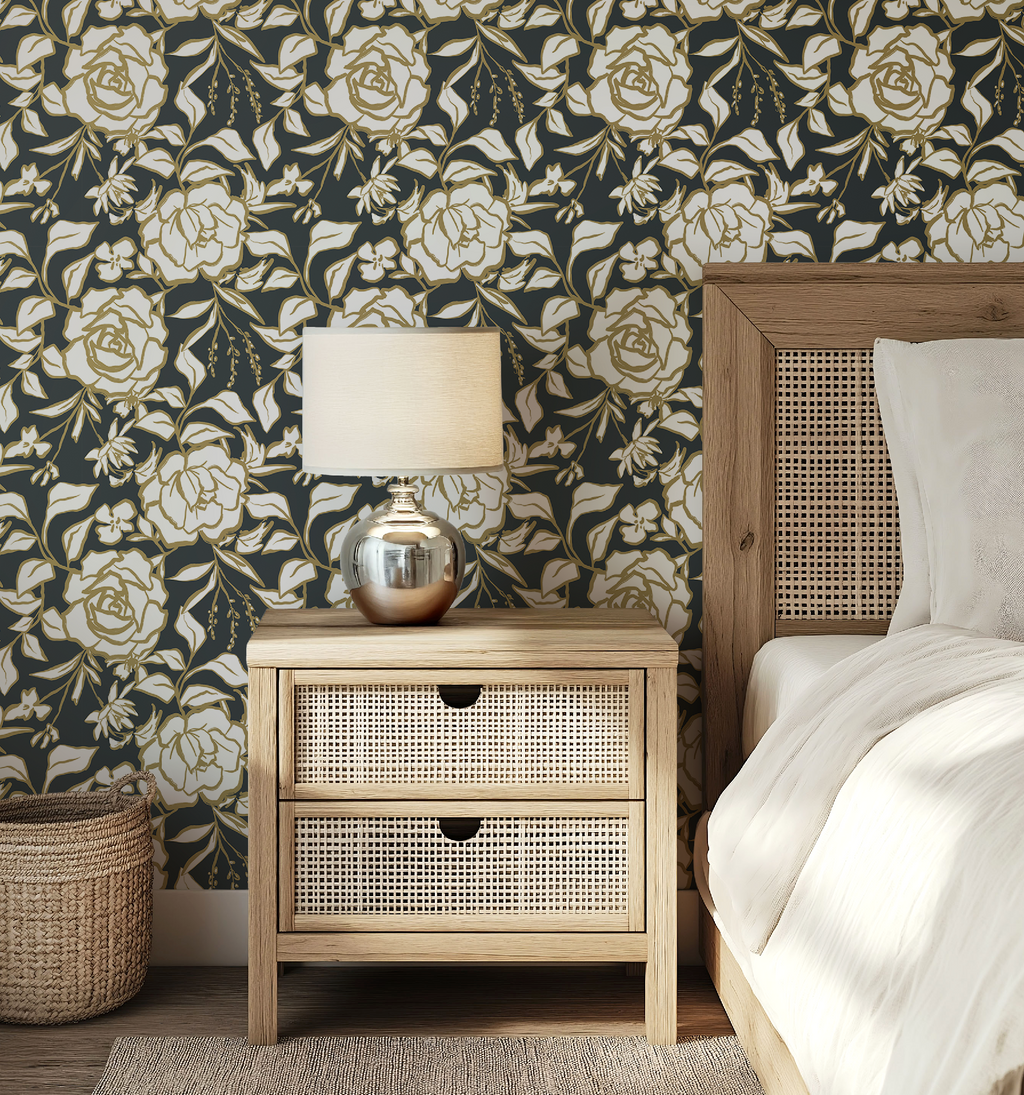 Floral Ink Wallpaper in Dark Gray and Muted Gold - Image 10 by RebelMod