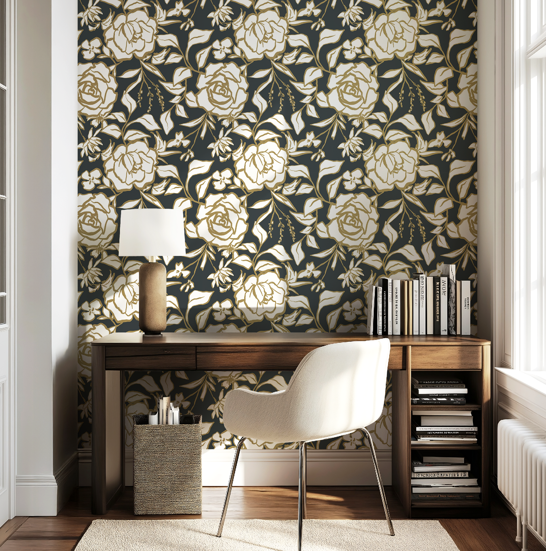 Floral Ink Wallpaper in Dark Gray and Muted Gold