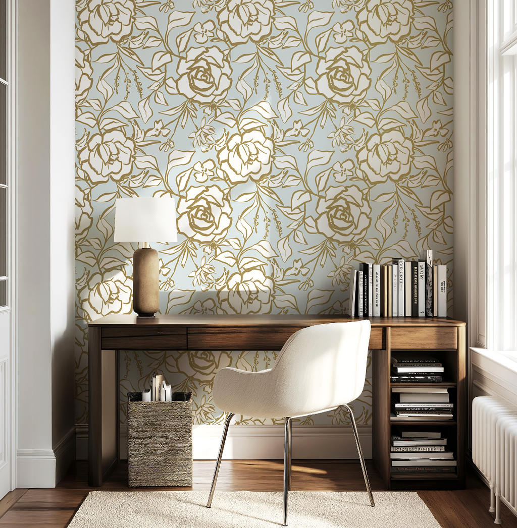 Floral Ink Wallpaper in Light Blue and Gold