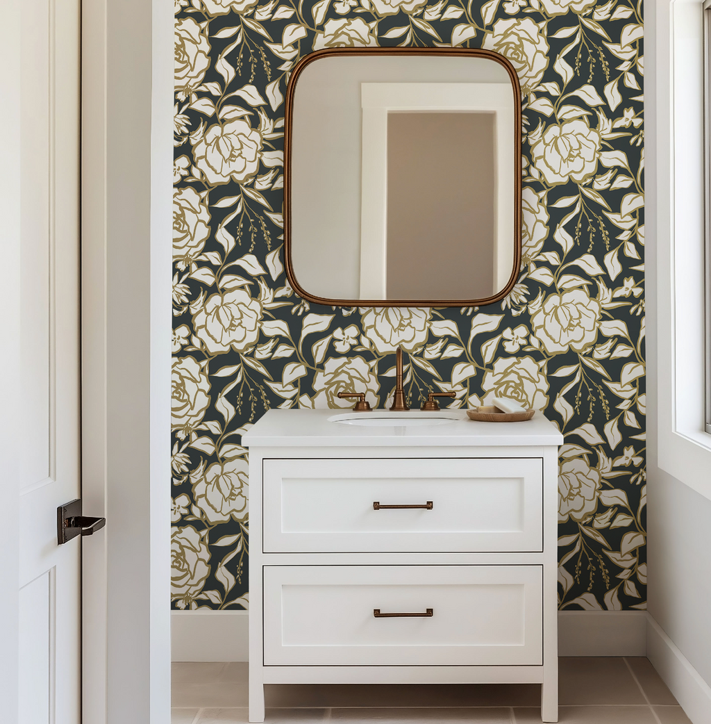 Floral Ink Wallpaper in Dark Gray and Muted Gold