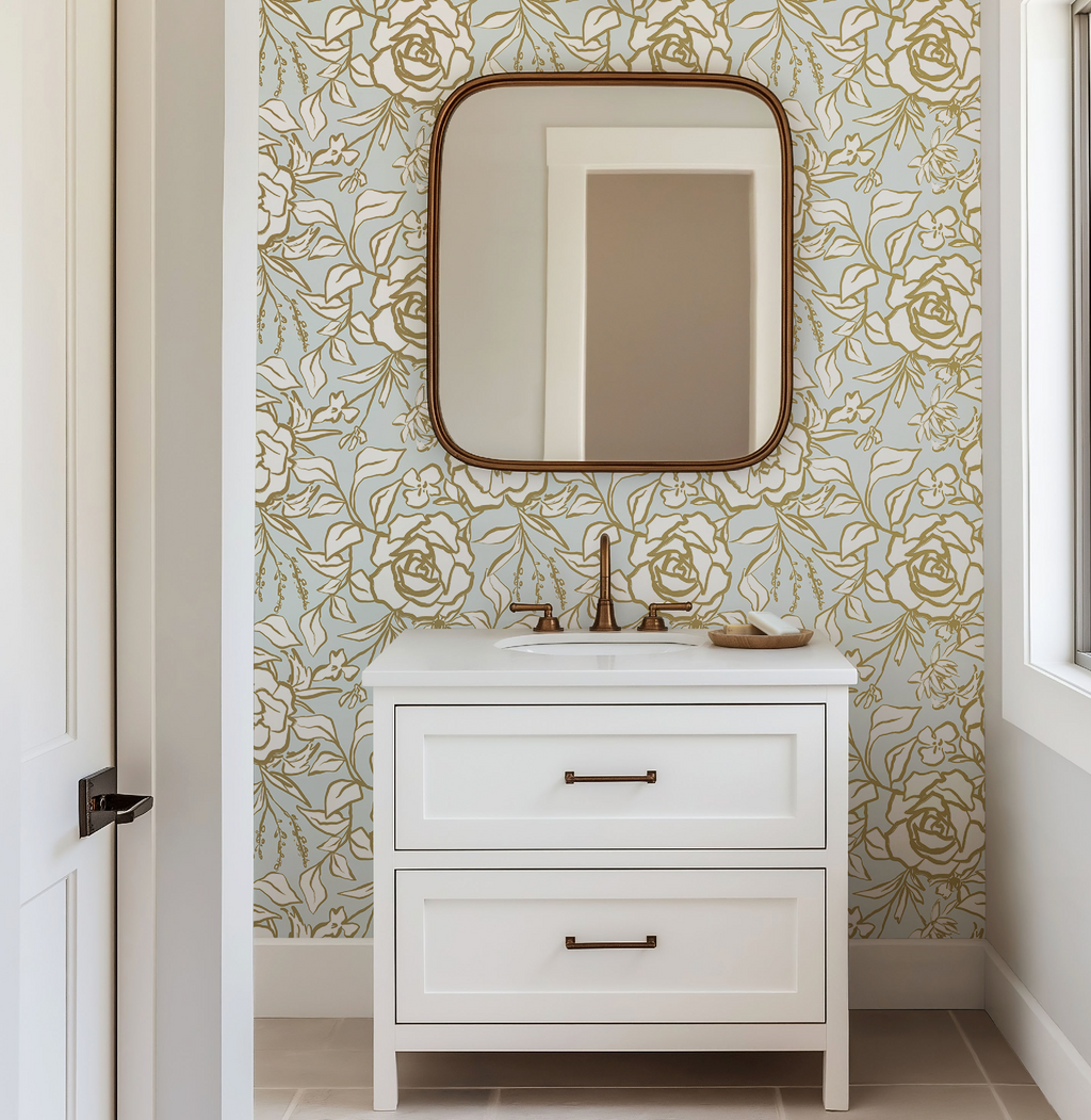 Floral Ink Wallpaper in Light Blue and Gold - Image 6 by RebelMod