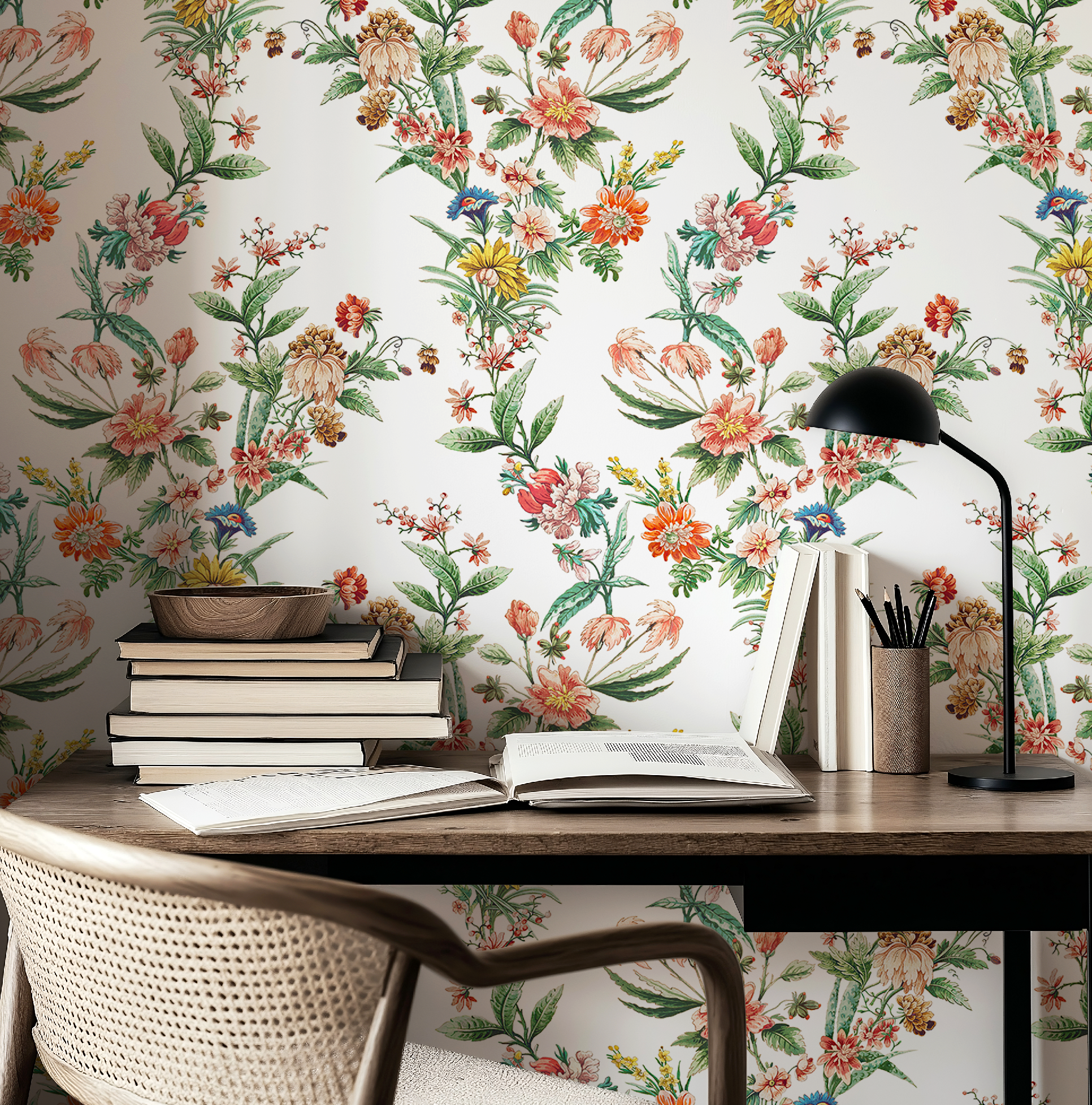 Ornamental Floral Motif Wallpaper - White