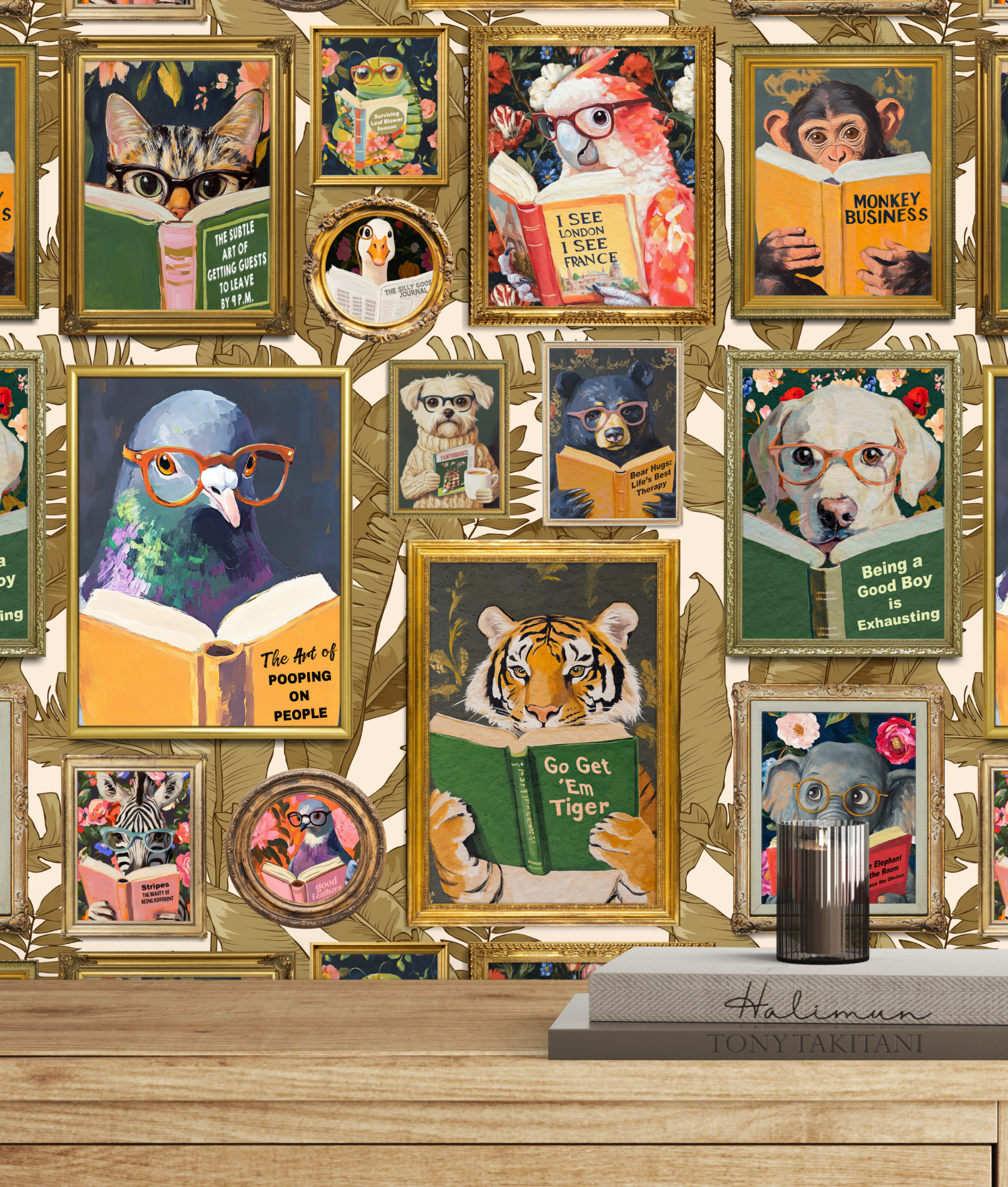 Whimsical Animals Reading Wallpaper - Version 2 - Ivory by RebelMod