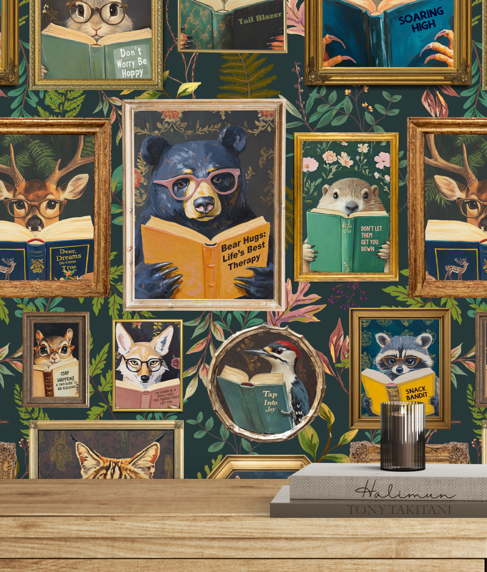 Whimsical Animals Reading Wallpaper - Cabin In the Woods Version - Green - Image 2 by RebelMod