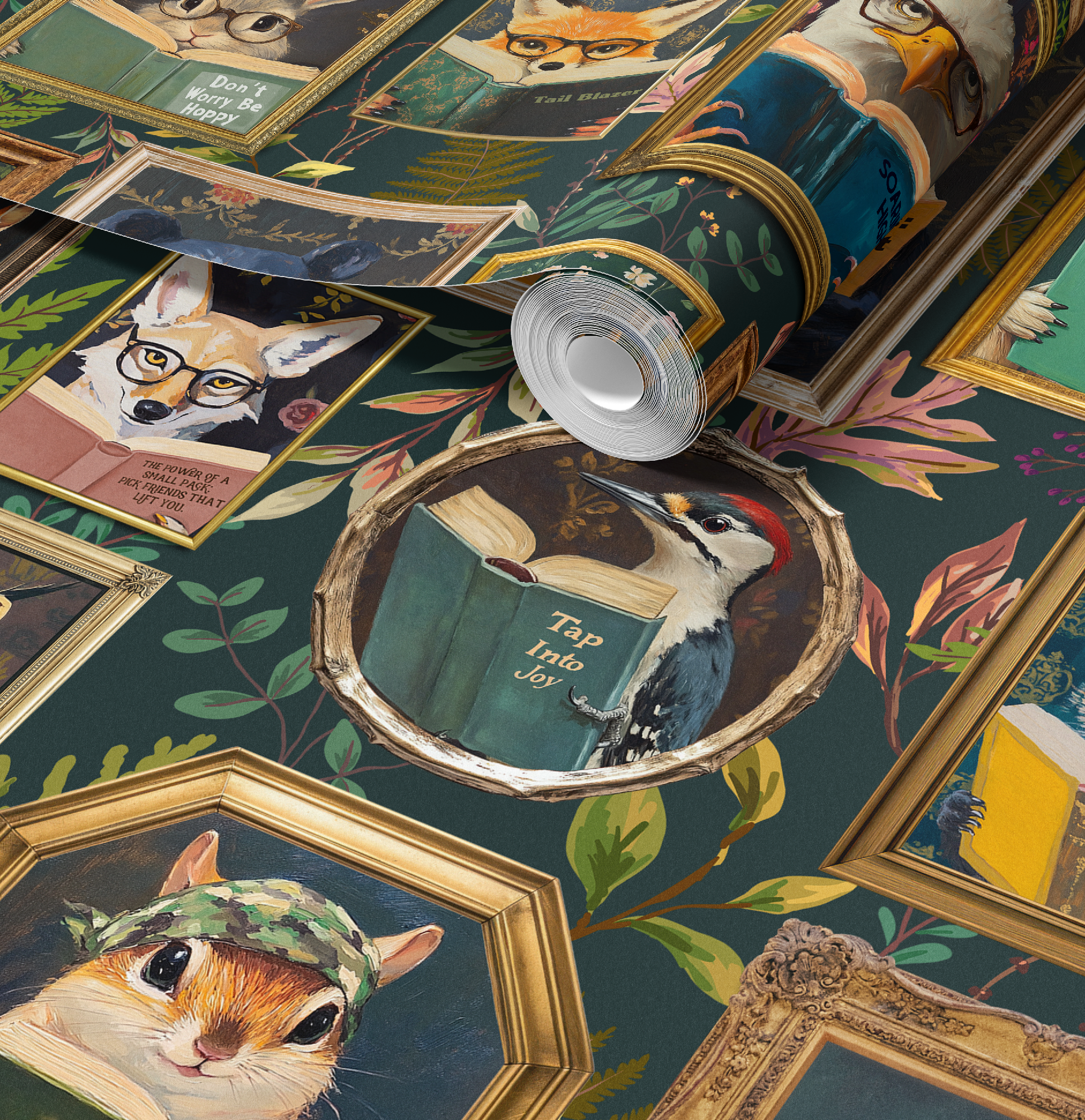 Whimsical Animals Reading Wallpaper - Cabin In the Woods Version - Green - Image 3 by RebelMod