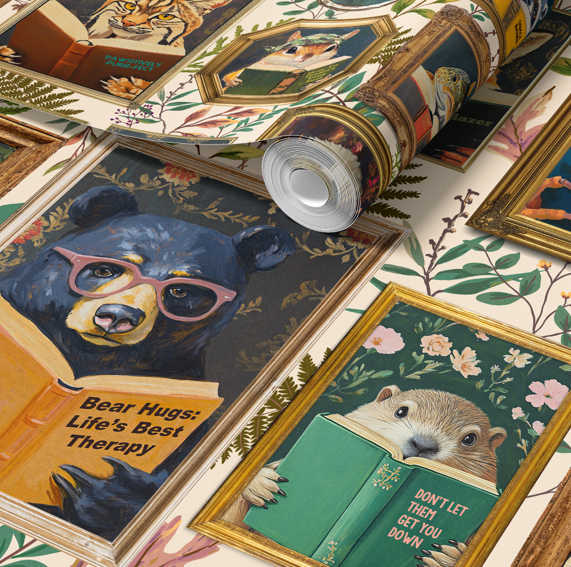 Whimsical Animals Reading Wallpaper - Cabin In the Woods Version - Ivory - Image 3 by RebelMod