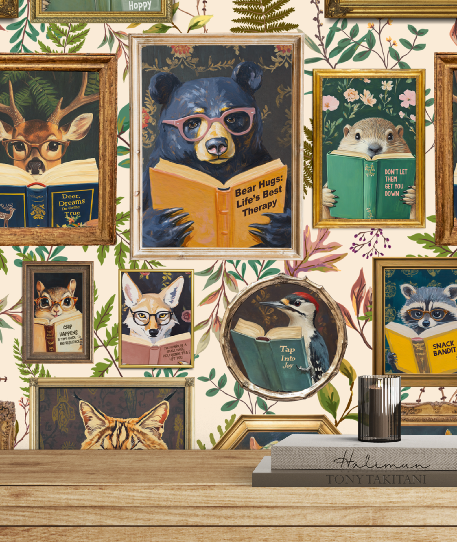 Whimsical Animals Reading Wallpaper - Cabin In the Woods Version - Ivory - Image 2 by RebelMod