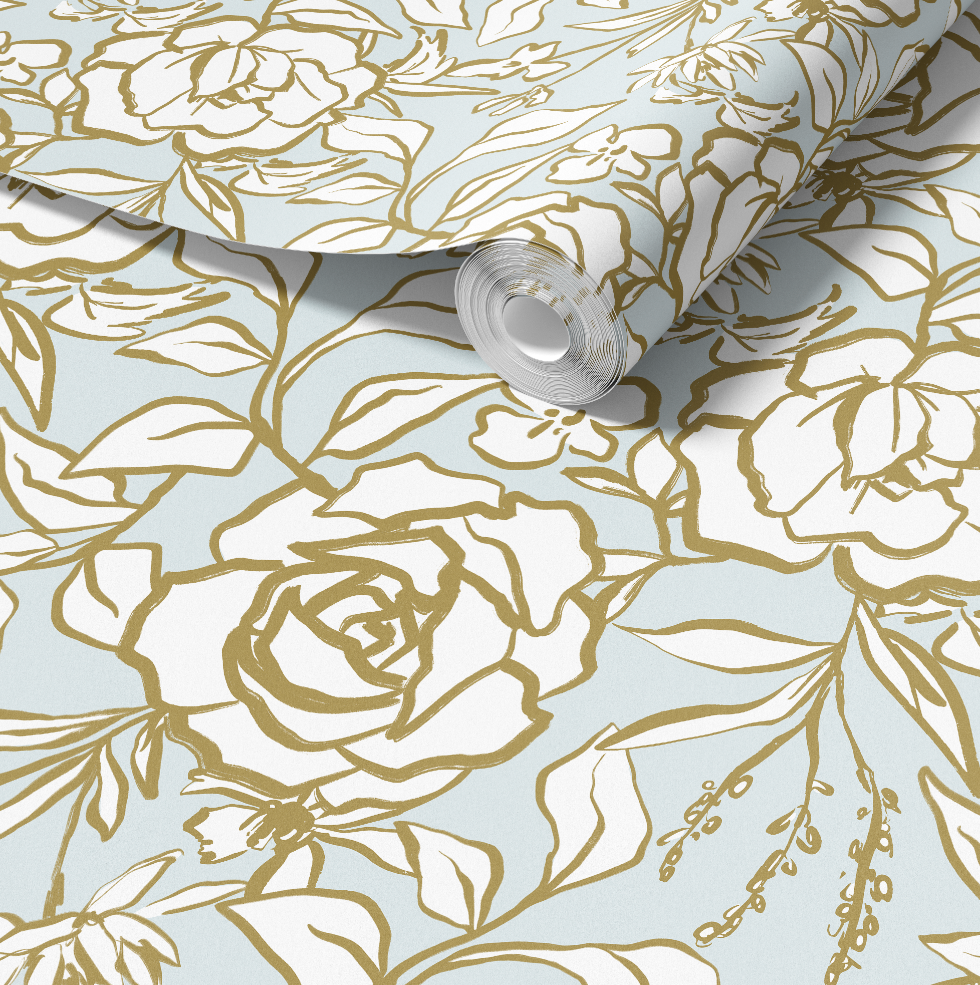 Floral Ink Wallpaper in Light Blue and Gold by RebelMod