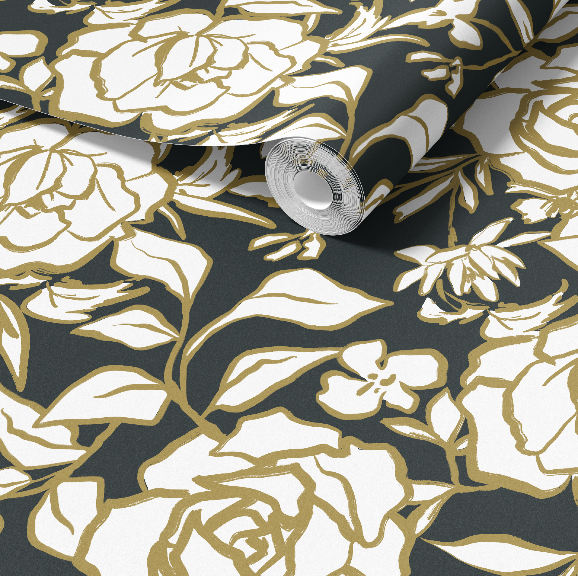 Floral Ink Wallpaper in Dark Gray and Muted Gold by RebelMod