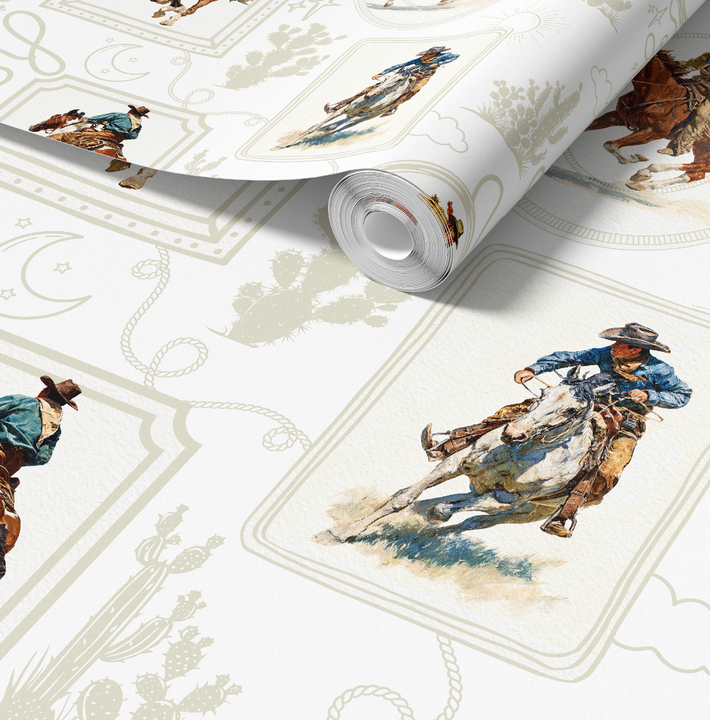Cowboy Retro Wallpaper Print in White by RebelMod