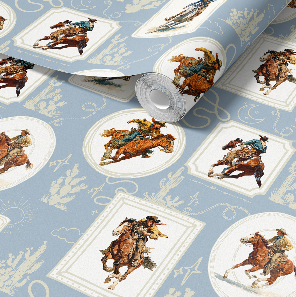 Cowboy Retro Wallpaper Print in Blue by RebelMod