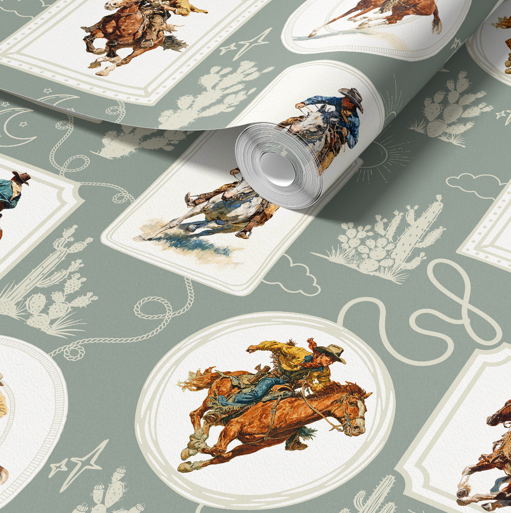 Cowboy Retro Wallpaper Print in Sage Green by RebelMod