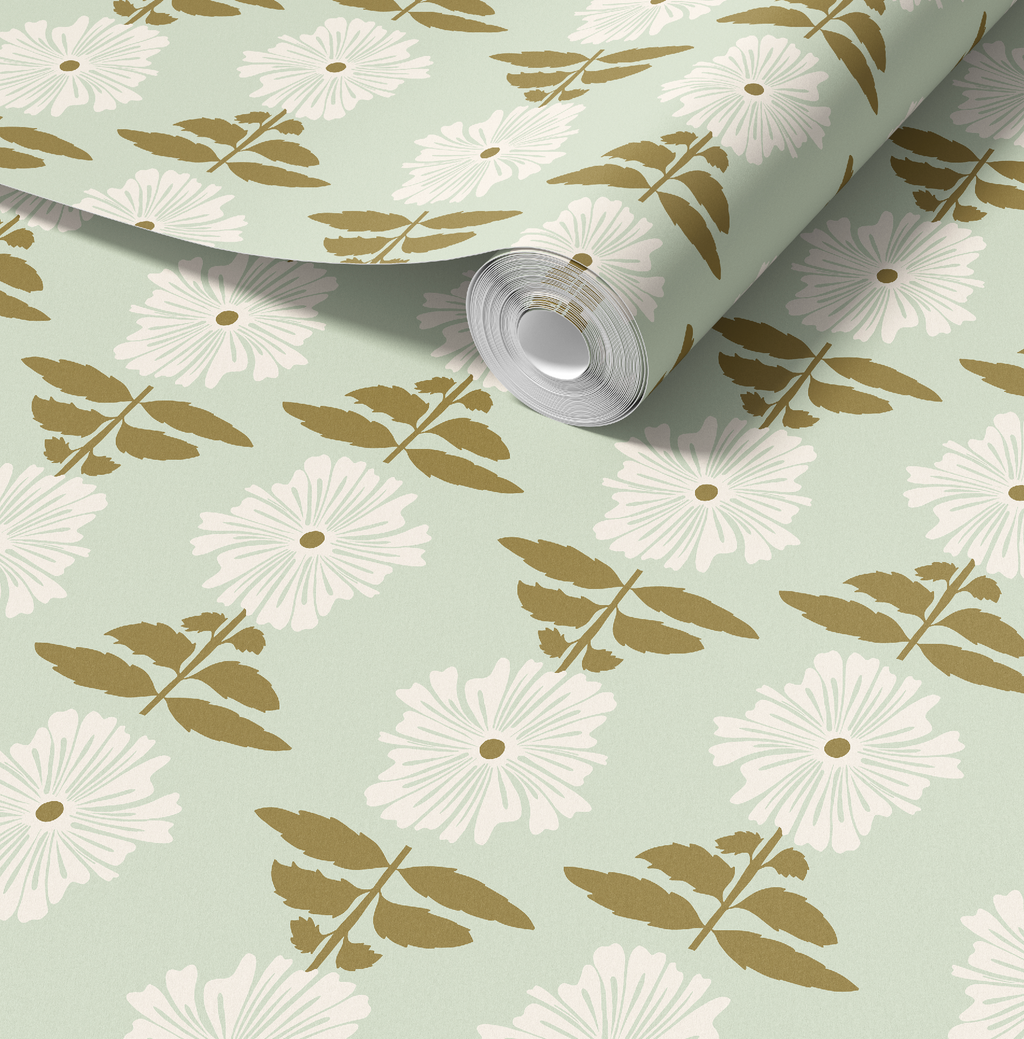 Vibrant Retro Floral Wallpaper - Mint Green Background by RebelMod