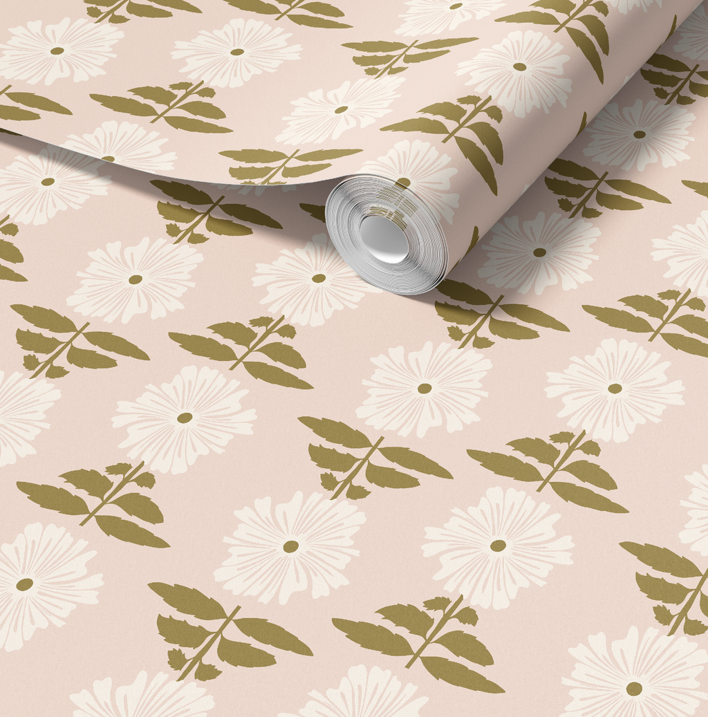Vibrant Retro Floral Wallpaper - Blush Pink Background by RebelMod