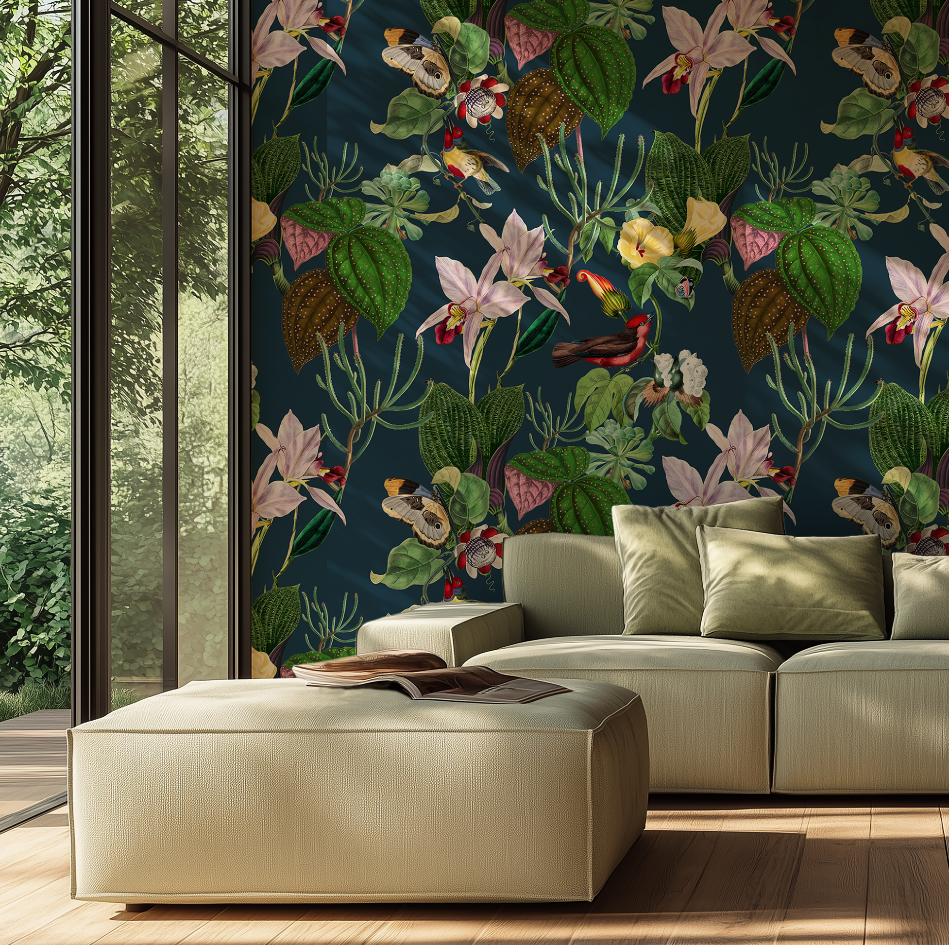 Botanical Birds Wildlife Wallpaper - Black