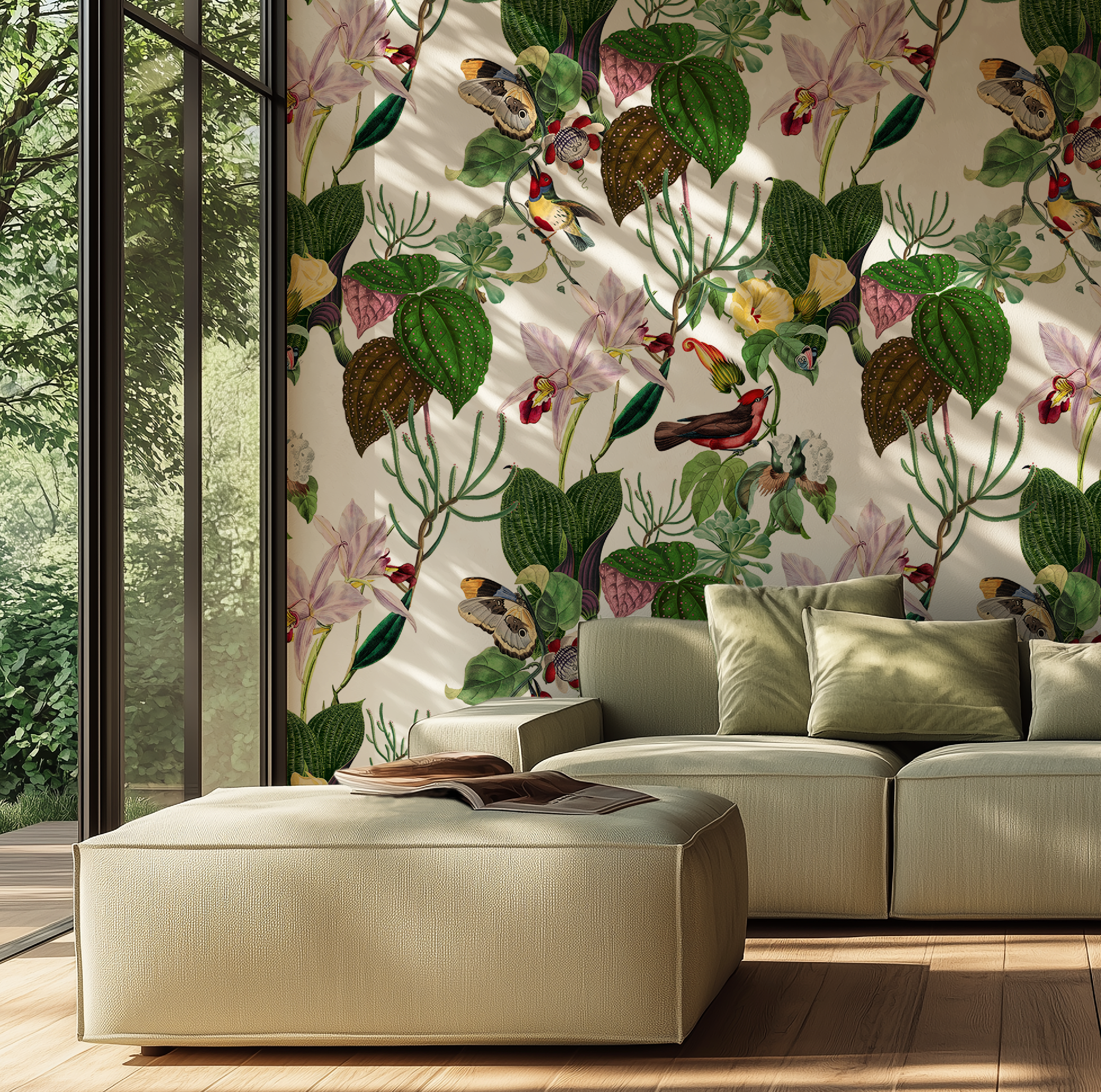 Botanical Birds Wildlife Wallpaper - White