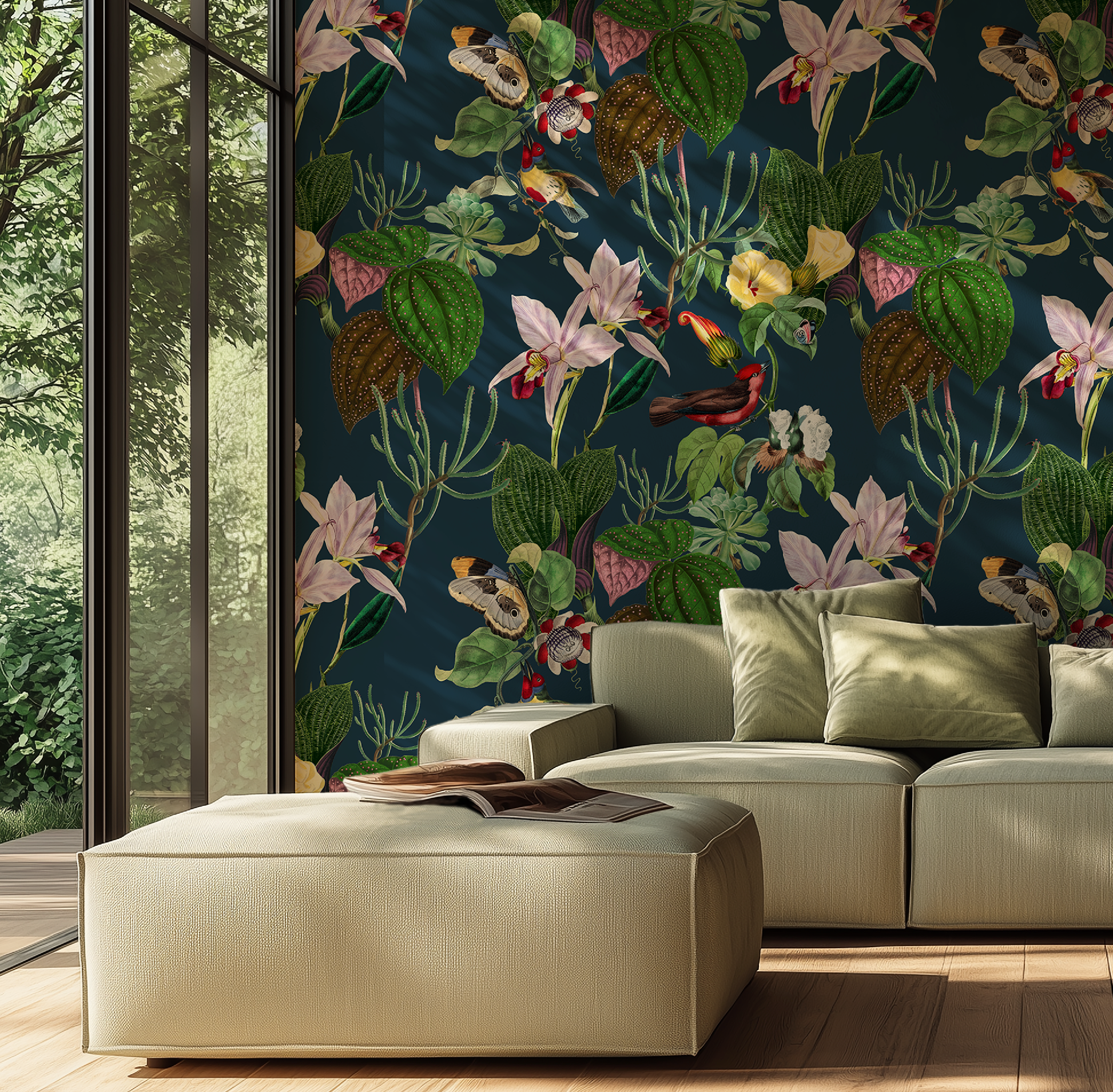 Botanical Birds Wildlife Wallpaper - Navy
