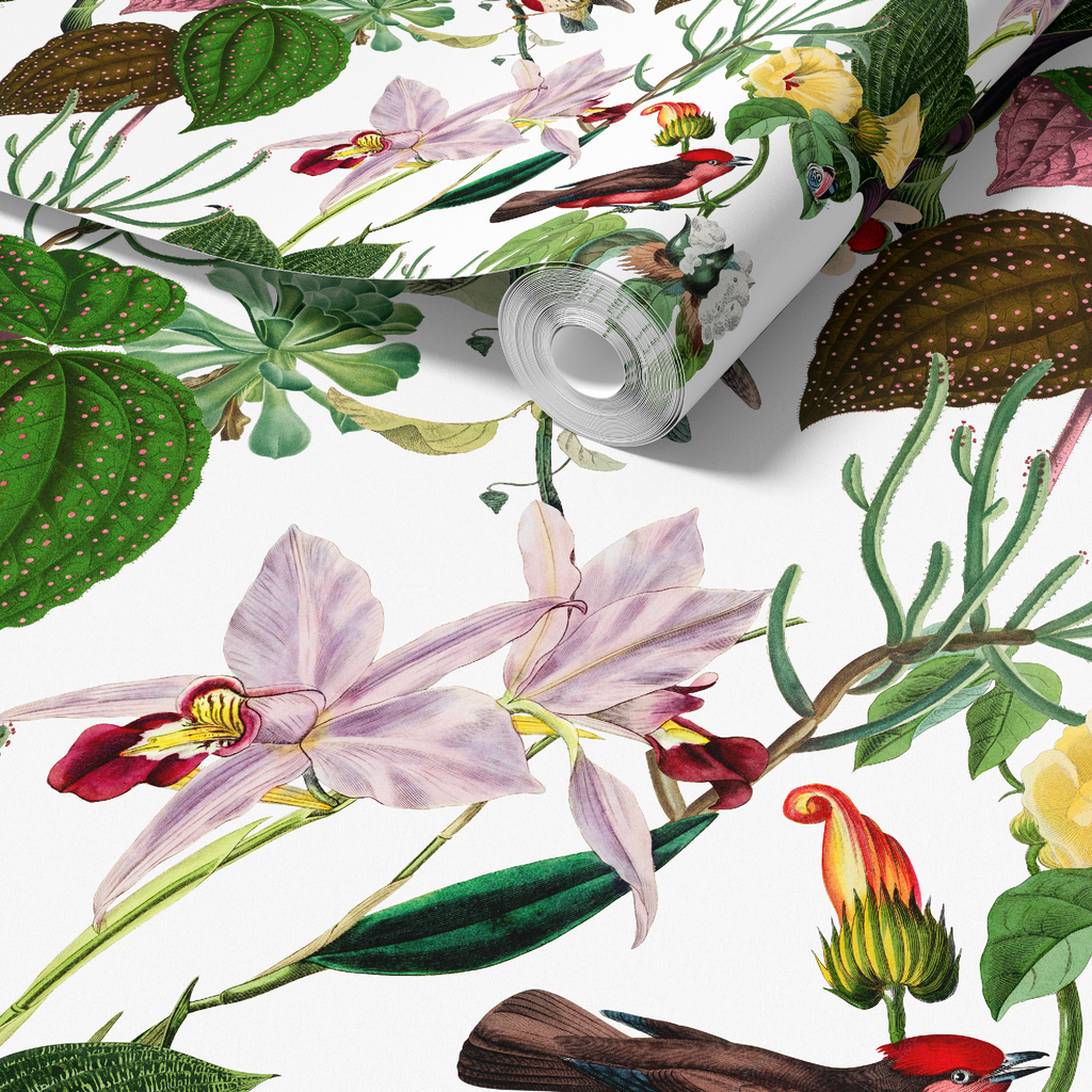 Botanical Birds Wildlife Wallpaper - White