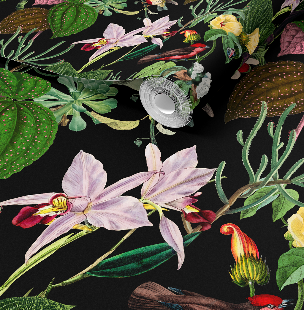 Botanical Birds Wildlife Wallpaper - Black by RebelMod