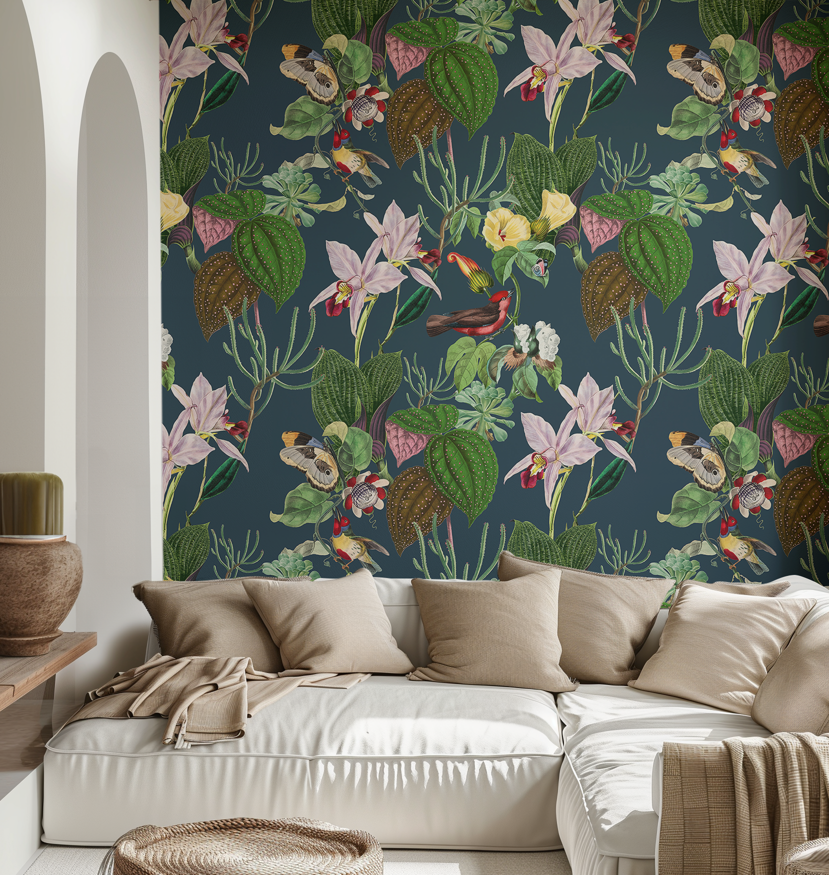 Botanical Birds Wildlife Wallpaper - Navy